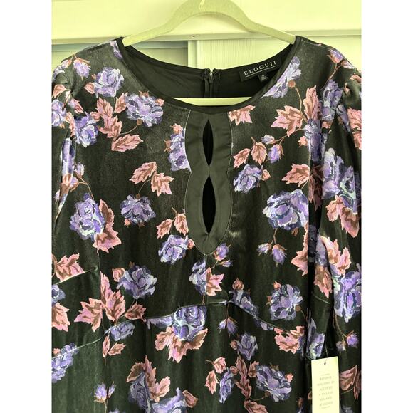 ELOQUII Velvet Plus Size 24 Midi Dress Floral Black Purple New - Picture 4 of 7